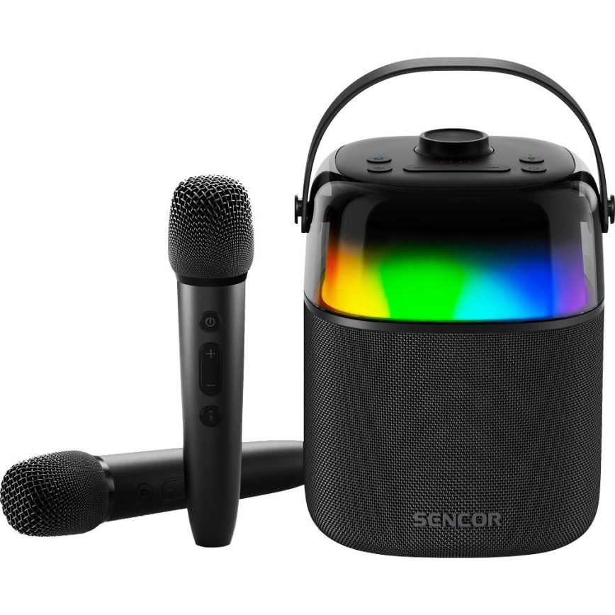 Sencor - LED RGB Garsiakalbis su belaidžiu mikrofonu 35W 8000 mAh + 2x 1800 mAh IPX5 juoda