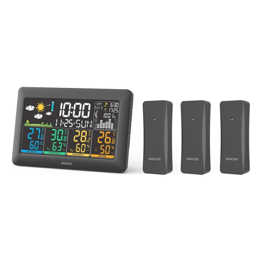 Sencor - Meteorologinė stotelė su spalvotu LCD ekranu + 3 jutikliai 3xAA + 6xAA juoda