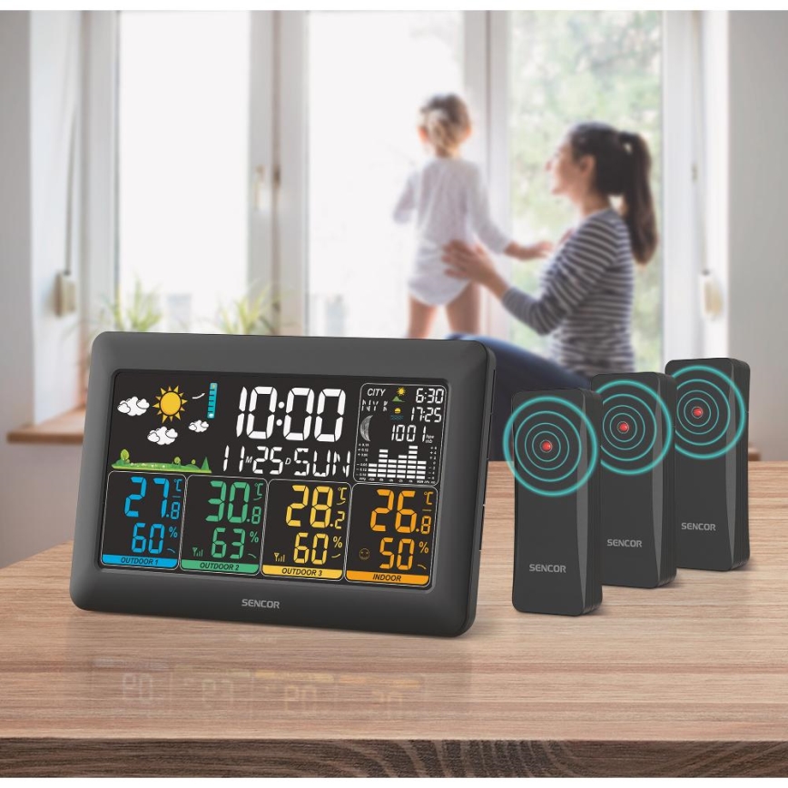 Sencor - Meteorologinė stotelė su spalvotu LCD ekranu + 3 jutikliai 3xAA + 6xAA juoda