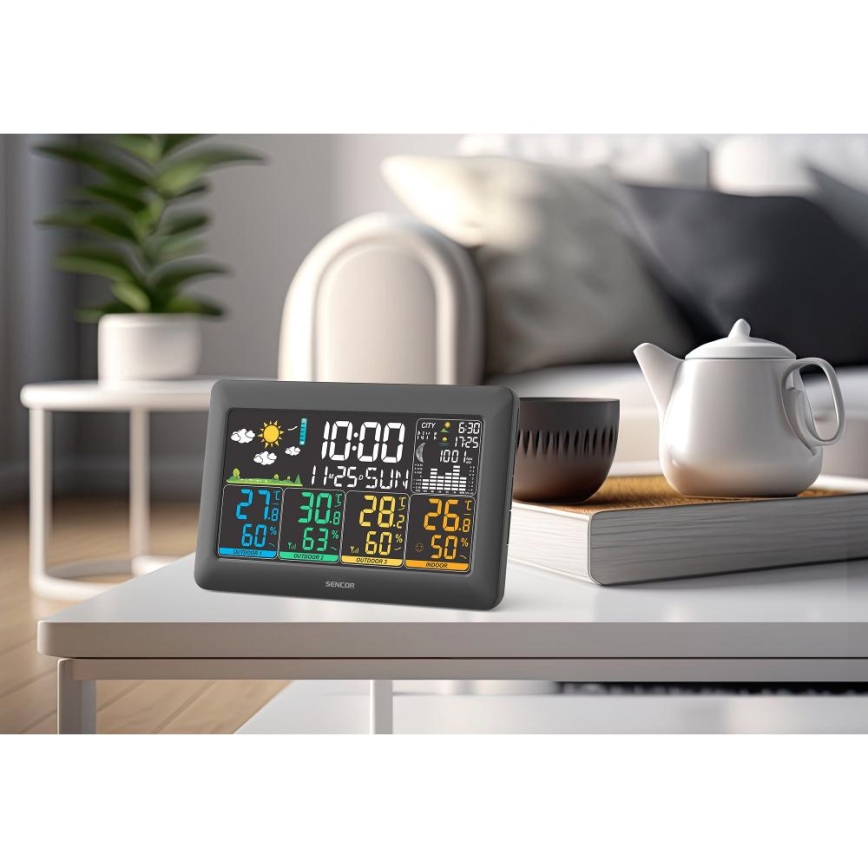 Sencor - Meteorologinė stotelė su spalvotu LCD ekranu + 3 jutikliai 3xAA + 6xAA juoda