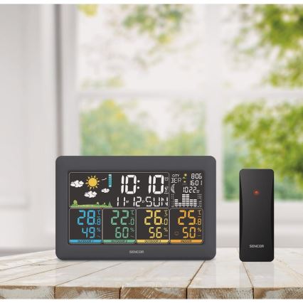 Sencor - Meteorologinė stotelė su spalvotu LCD ekranu + 3 jutikliai 3xAA + 6xAA juoda