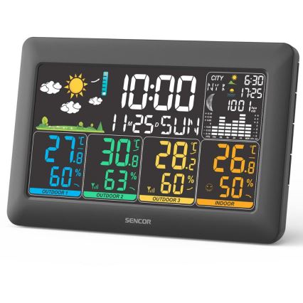 Sencor - Meteorologinė stotelė su spalvotu LCD ekranu + 3 jutikliai 3xAA + 6xAA juoda