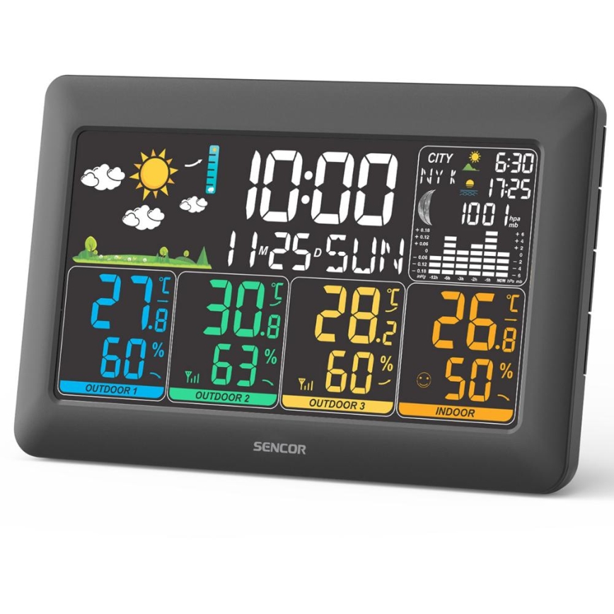 Sencor - Meteorologinė stotelė su spalvotu LCD ekranu + 3 jutikliai 3xAA + 6xAA juoda