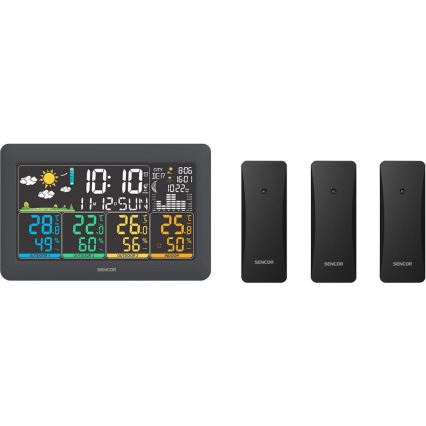 Sencor - Meteorologinė stotelė su spalvotu LCD ekranu + 3 jutikliai 3xAA + 6xAA juoda