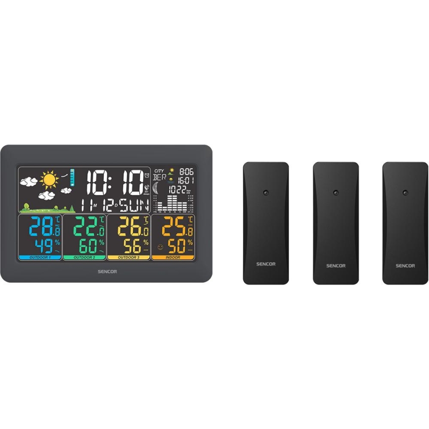 Sencor - Meteorologinė stotelė su spalvotu LCD ekranu + 3 jutikliai 3xAA + 6xAA juoda
