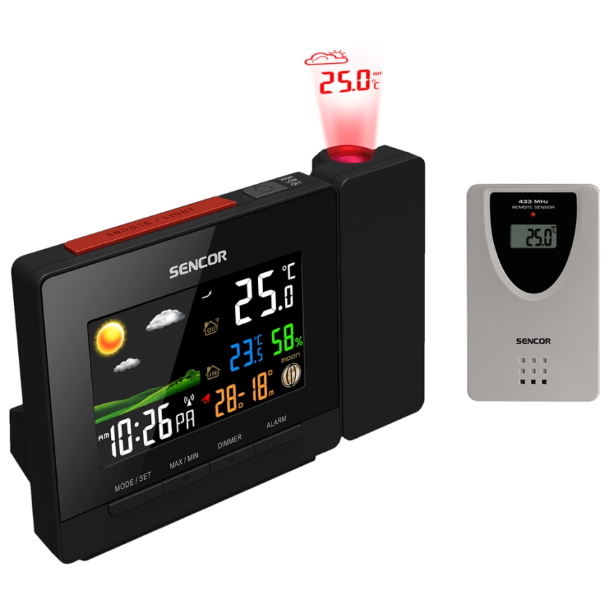 Sencor - Orų stotis Su spalva LCD display, žadintuvas ir projektorius 2xAA + 2xAAA