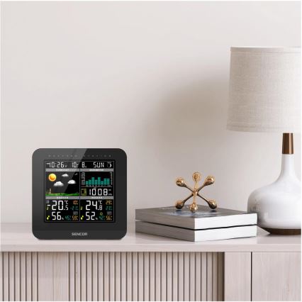 Sencor - Orų stotis su spalvotu LCD ekranu ir žadintuvas 3xAAA + 2x AA juoda