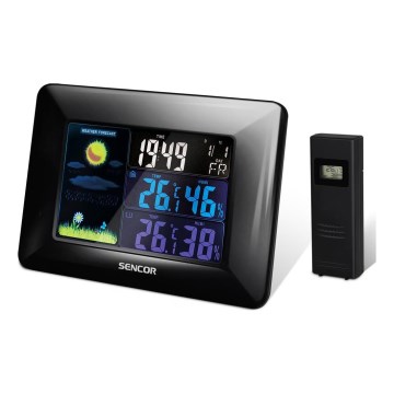 Sencor - Orų stotis su spalvotu LCD ekranu ir žadintuvas 3xAAA juoda