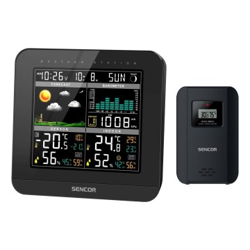 Sencor - Orų stotis su spalvotu LCD ekranu ir žadintuvas 3xAAA juoda
