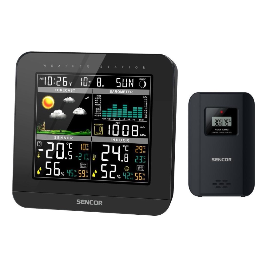 Sencor - Orų stotis su spalvotu LCD ekranu ir žadintuvas 3xAAA juoda