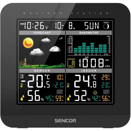 Sencor - Orų stotis su spalvotu LCD ekranu ir žadintuvas 3xAAA juoda