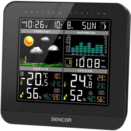 Sencor - Orų stotis su spalvotu LCD ekranu ir žadintuvas 3xAAA juoda