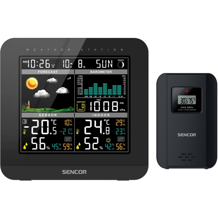 Sencor - Orų stotis su spalvotu LCD ekranu ir žadintuvas 3xAAA juoda