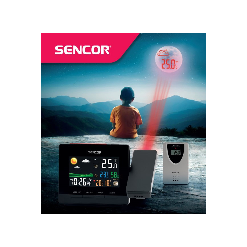 Sencor - Orų stotis su spalvotu LCD ekranu, žadintuvu ir projekcija 2xAA