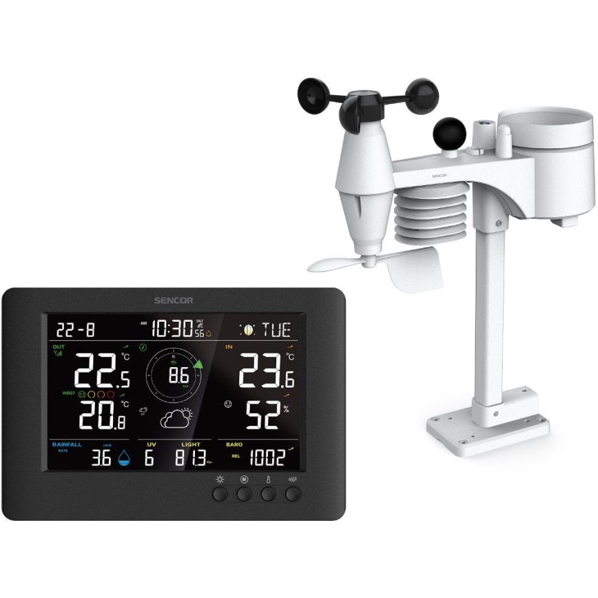 Sencor - Profesionali meteorologinė stotelė su spalvotu LCD ekranu ir žadintuvu 5V/1xCR2032 + 3xAA