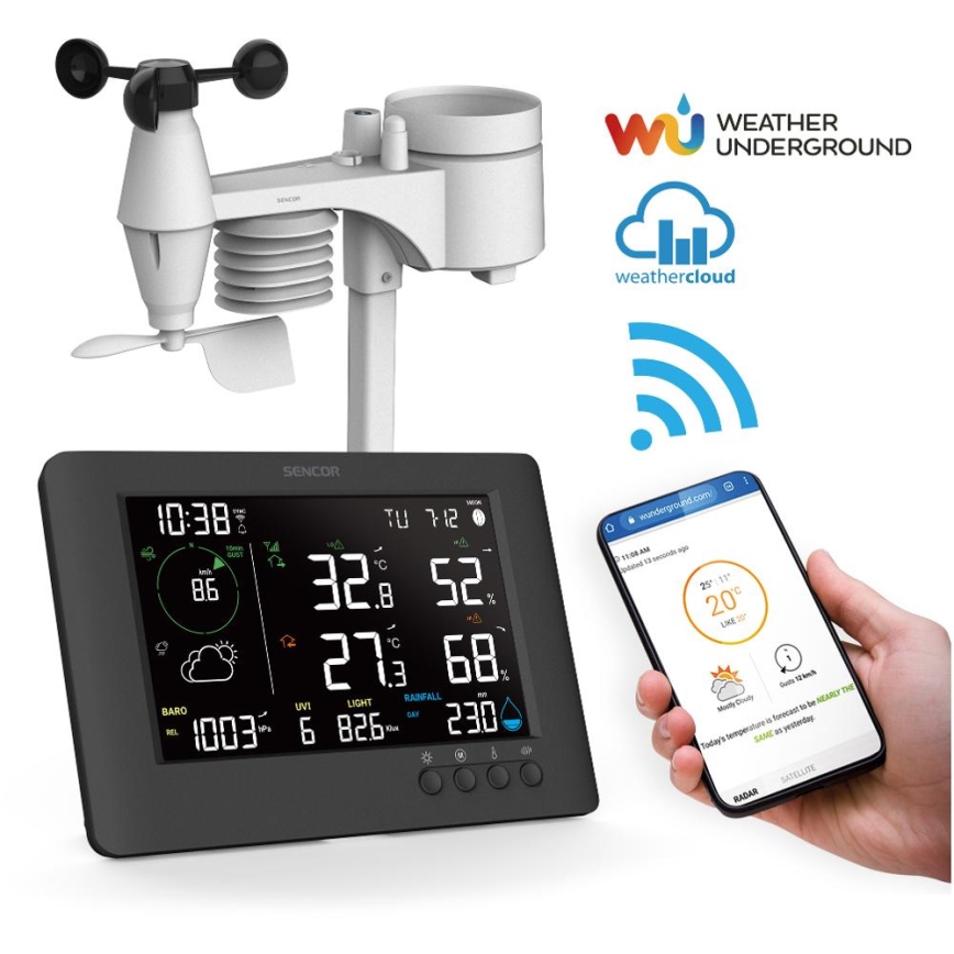 Sencor - Profesionali meteorologinė stotelė su spalvotu LCD ekranu ir žadintuvu 5V/1xCR2032 + 3xAA Wi-Fi