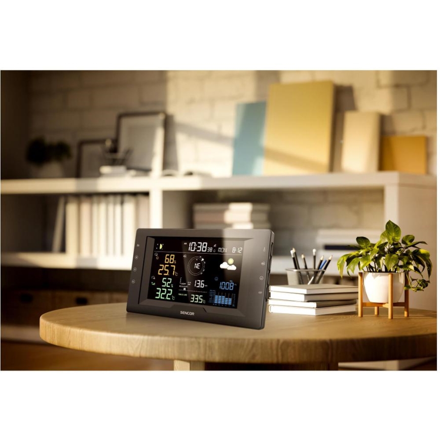 Sencor - Profesionali meteorologinė stotelė su spalvotu LCD ekranu ir žadintuvu 5V/1xCR2032 + 3xAA