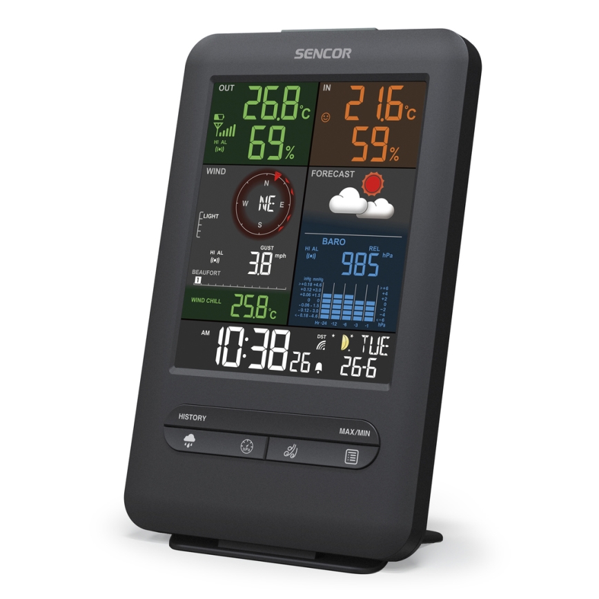 Sencor - Profesionali meteorologinė stotis su LCD ekranu ir žadintuvas 1xCR2032 + 3xAA