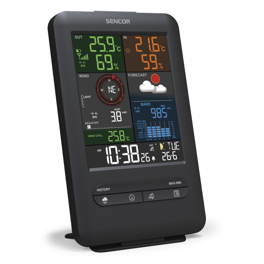 Sencor - Profesionali meteorologinė stotis su LCD ekranu ir žadintuvas 1xCR2032 + 3xAA