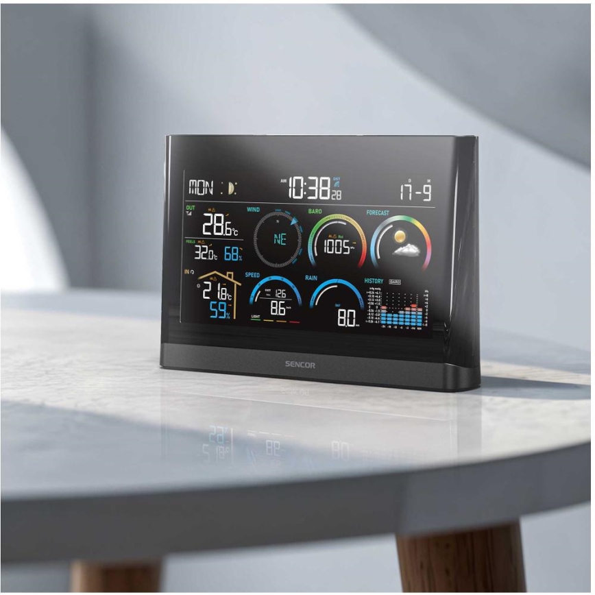 Sencor - Profesionali meteorologinė stotelė su spalvotu LCD ekranu ir žadintuvu 5V/3xAAA + 3xAA