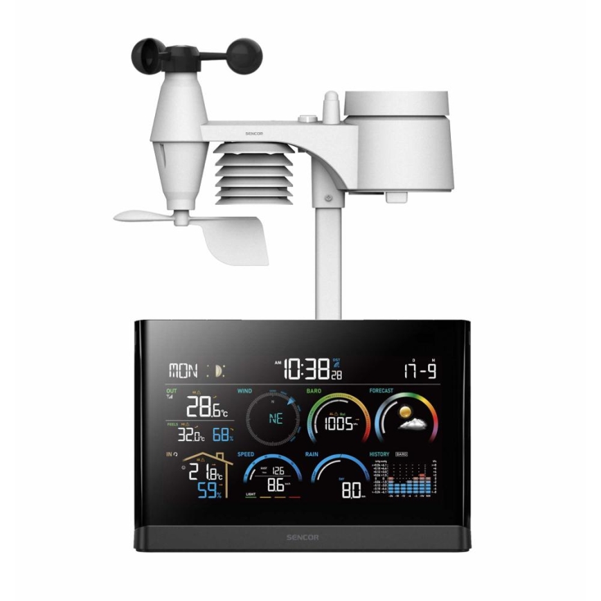 Sencor - Profesionali meteorologinė stotelė su spalvotu LCD ekranu ir žadintuvu 5V/3xAAA + 3xAA