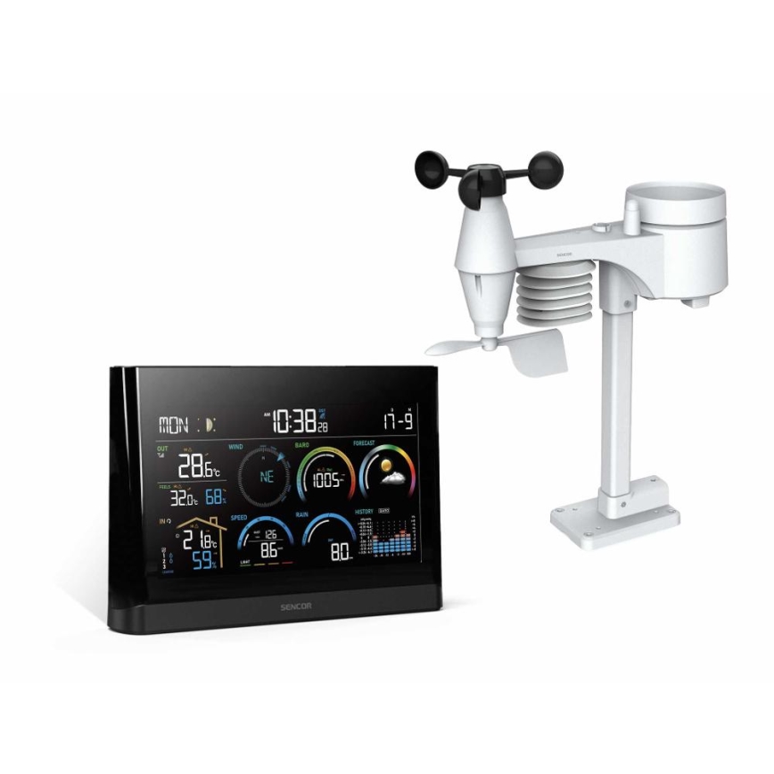 Sencor - Profesionali meteorologinė stotelė su spalvotu LCD ekranu ir žadintuvu 5V/3xAAA + 3xAA