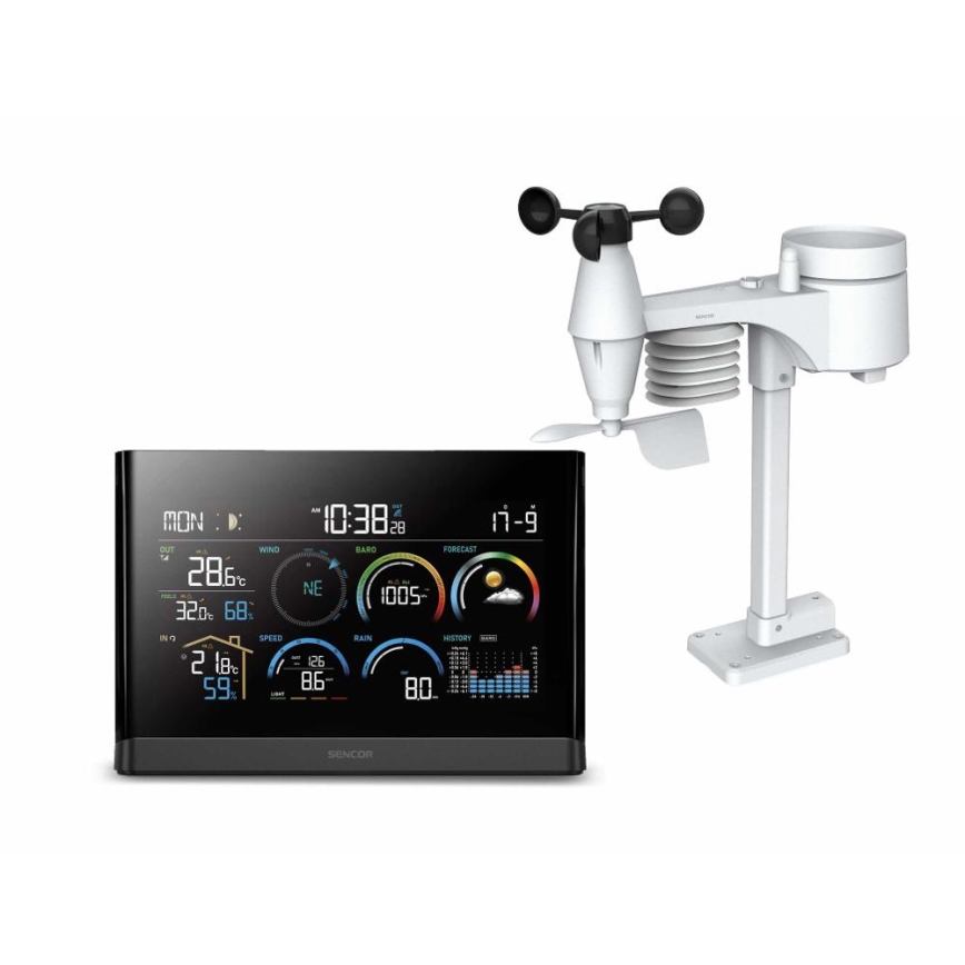 Sencor - Profesionali meteorologinė stotelė su spalvotu LCD ekranu ir žadintuvu 5V/3xAAA + 3xAA
