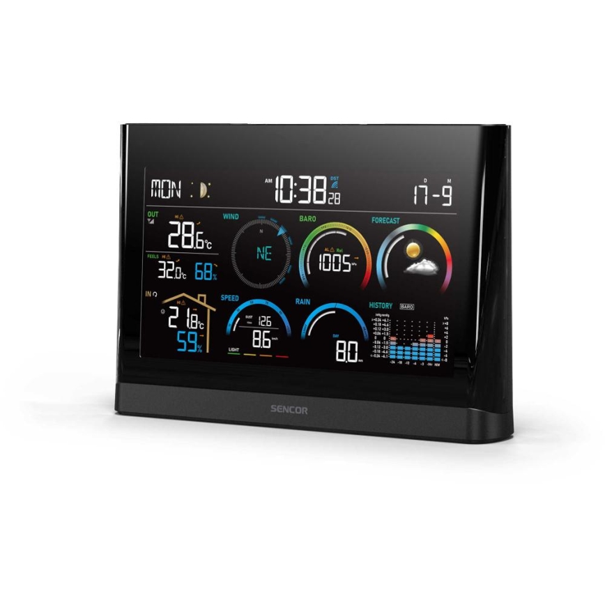 Sencor - Profesionali meteorologinė stotelė su spalvotu LCD ekranu ir žadintuvu 5V/3xAAA + 3xAA