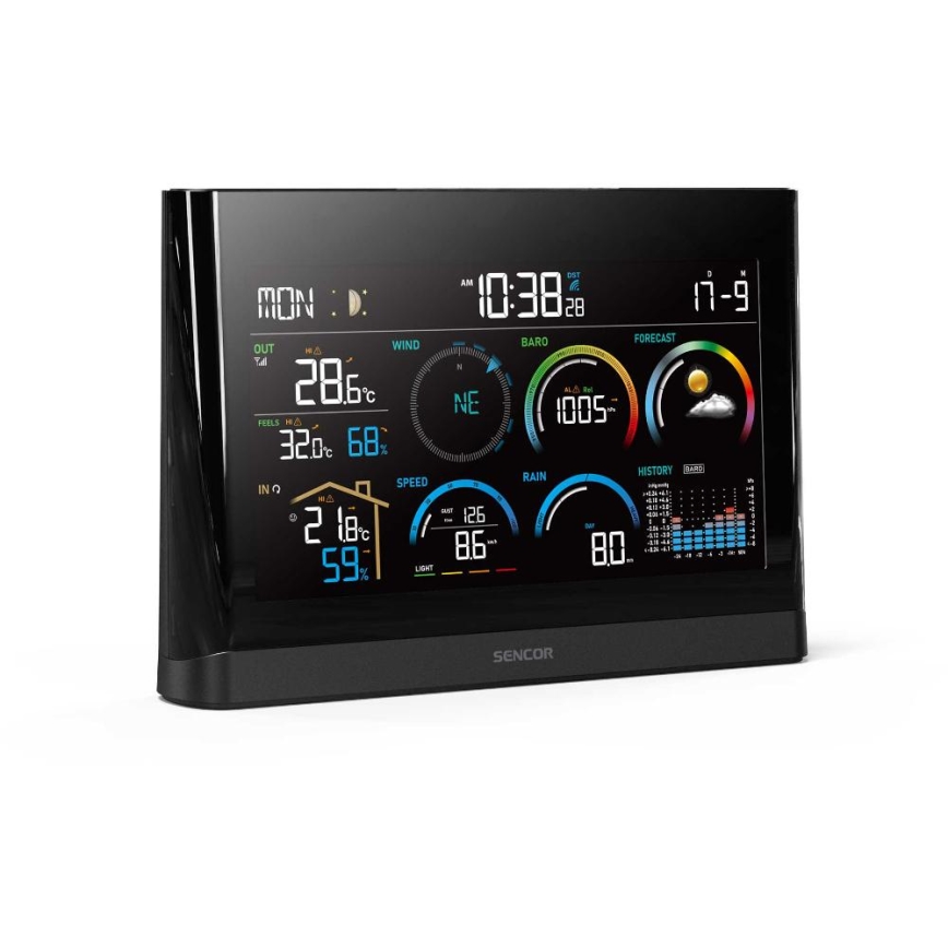 Sencor - Profesionali meteorologinė stotelė su spalvotu LCD ekranu ir žadintuvu 5V/3xAAA + 3xAA