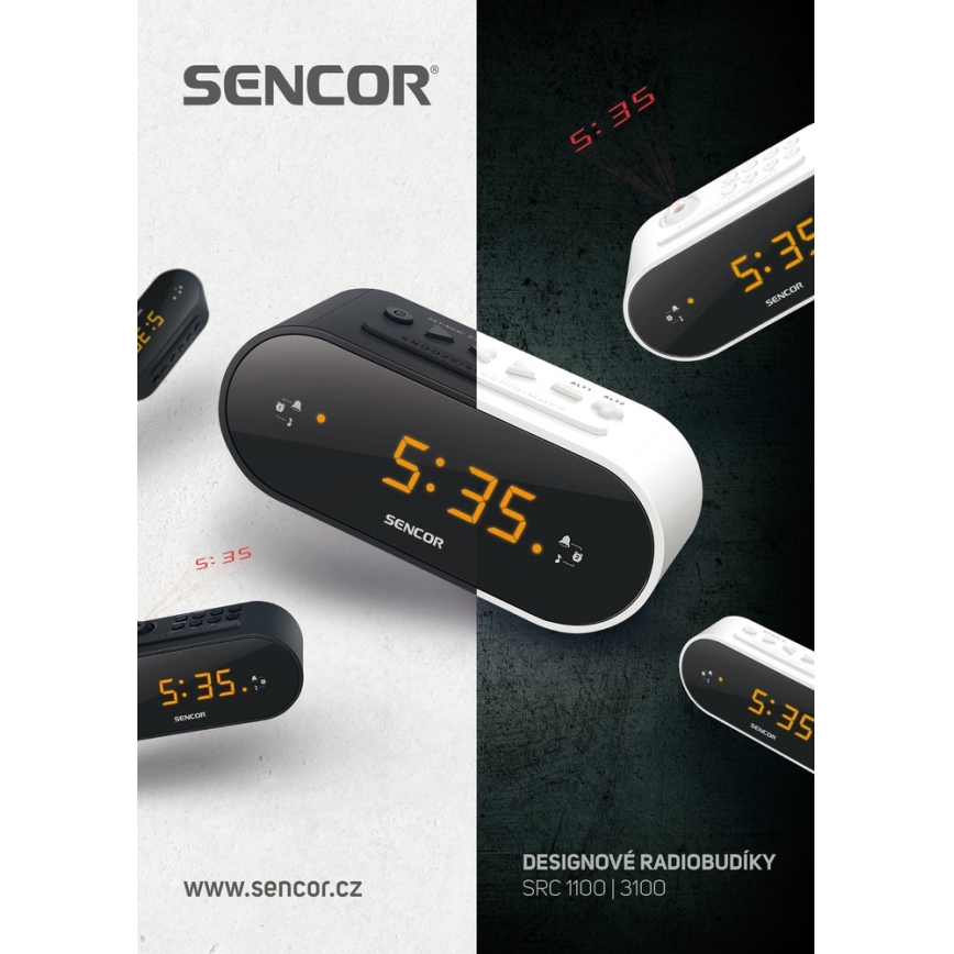 Sencor - Radijo žadintuvas su LED ekranas ir projektorius 5W/230V 1xCR2032 balta