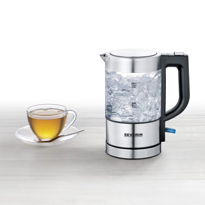 Severin WK 3472 - Elektrinis virdulys 0,5 l 1100W/230V, pagamintas iš nerūdijančio plieno ir stiklo