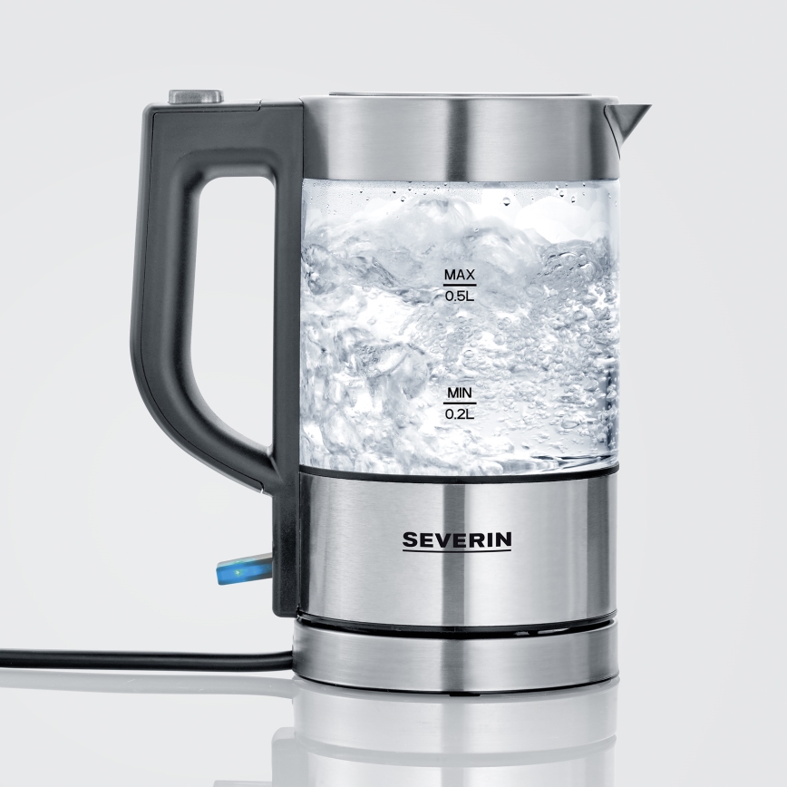 Severin WK 3472 - Elektrinis virdulys 0,5 l 1100W/230V, pagamintas iš nerūdijančio plieno ir stiklo
