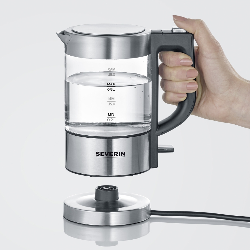 Severin WK 3472 - Elektrinis virdulys 0,5 l 1100W/230V, pagamintas iš nerūdijančio plieno ir stiklo