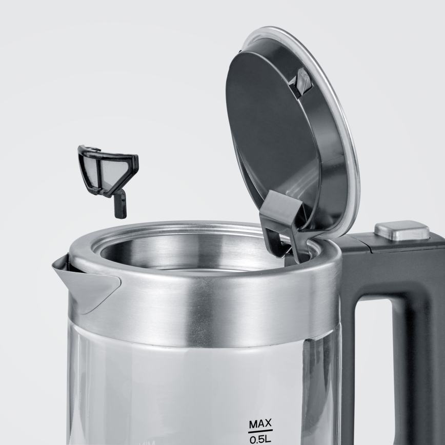 Severin WK 3472 - Elektrinis virdulys 0,5 l 1100W/230V, pagamintas iš nerūdijančio plieno ir stiklo