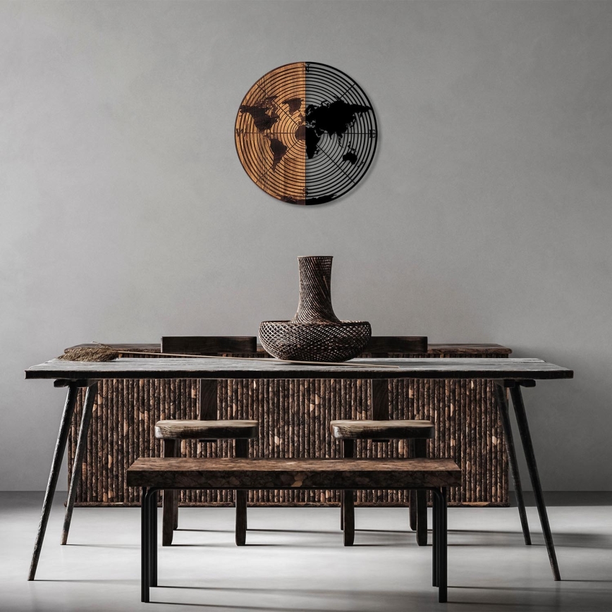 Sieninė dekoracija skersmuo 56 cm žemėlapis mediena/metalas