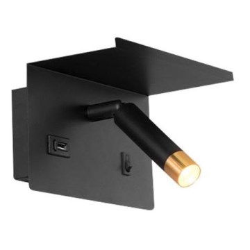 Sieninis akcentinis šviestuvas su lentyna ir USB įkroviklis 1xG9/35W/230V juoda/auksas
