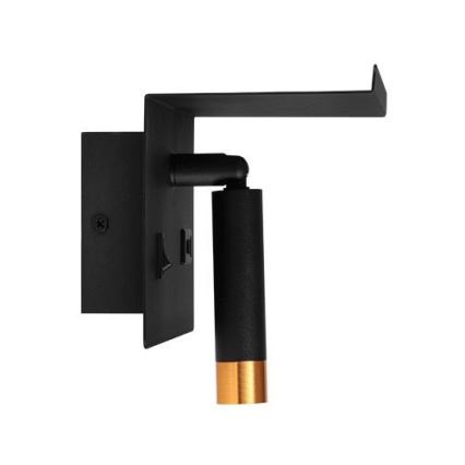 Sieninis akcentinis šviestuvas su lentyna ir USB įkroviklis 1xG9/35W/230V juoda/auksas