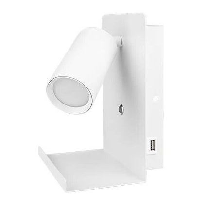 Sieninis akcentinis šviestuvas su lentyna ir USB įkroviklis 1xGU10/35W/230V balta
