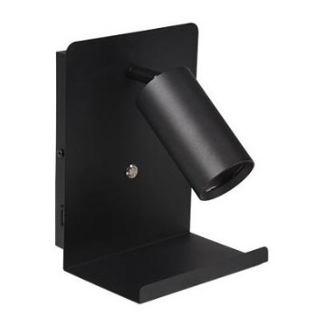 Sieninis akcentinis šviestuvas su lentyna ir USB įkroviklis 1xGU10/35W/230V juoda