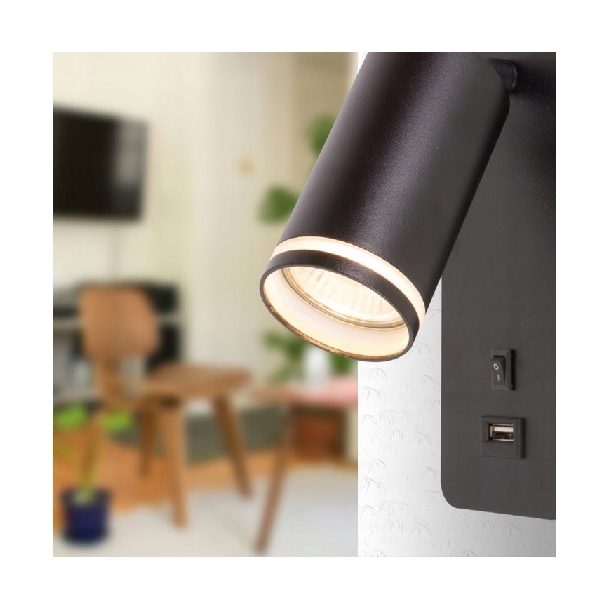 Sieninis prožektorius su USB įkrovikliu 1xGU10/35W/230V juodas