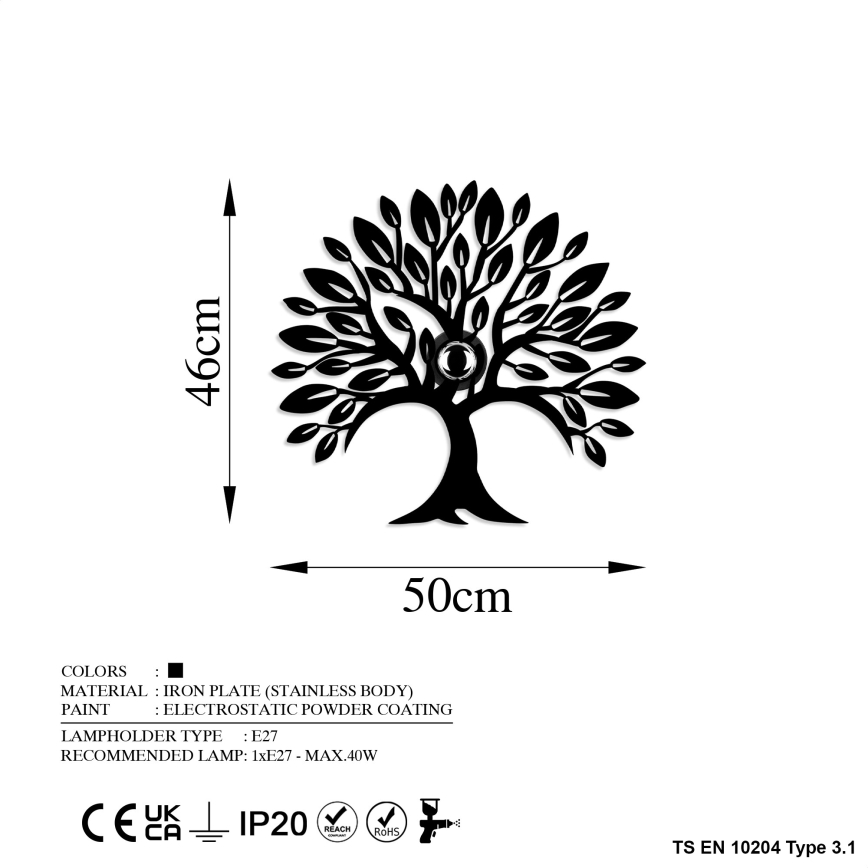 Sieninis šviestuvas HEART TREE 1xE27/40W/230V juodas