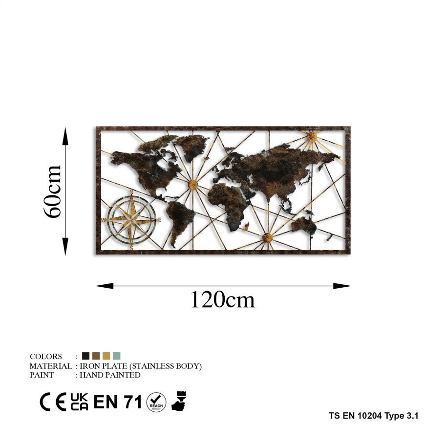 Sienų dekoracija 120x60 cm pasaulio žemėlapis metalas