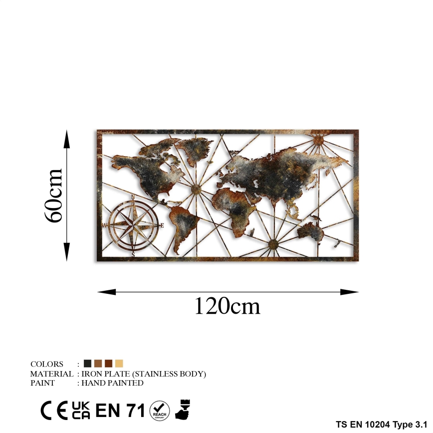 Sienų dekoracija 120x60 cm pasaulio žemėlapis metalas