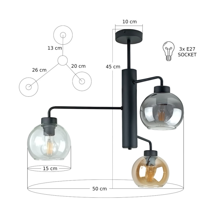 Sietynas ant stulpo FLEX 3xE27/60W/230V juoda/dūminis juoda/dūminis smėlio spalva/permatoma