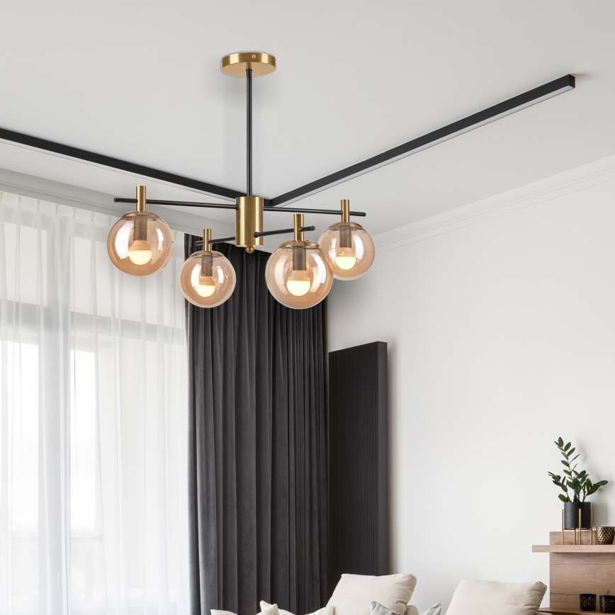 Sietynas ant stulpo LILOU 4xE14/5W/230V auksas/juoda/dūminis smėlio spalva