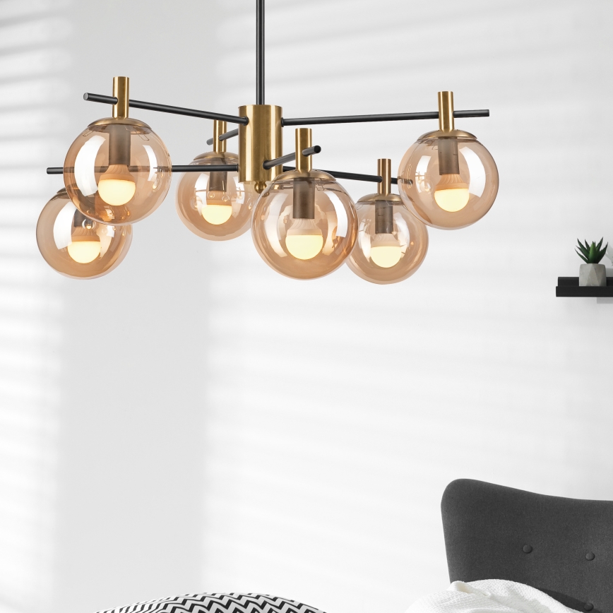 Sietynas ant stulpo LILOU 6xE14/5W/230V auksas/juoda/dūminis smėlio spalva
