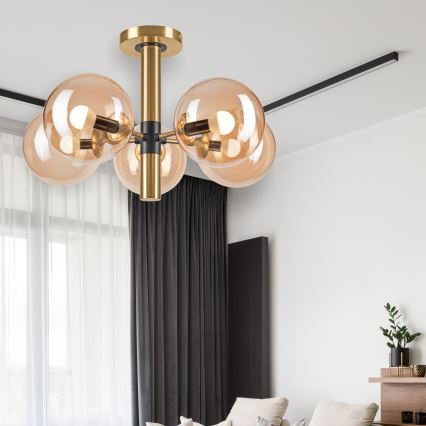 Sietynas ant stulpo ROLLO 5xE14/5W/230V auksas/dūminis smėlio spalva