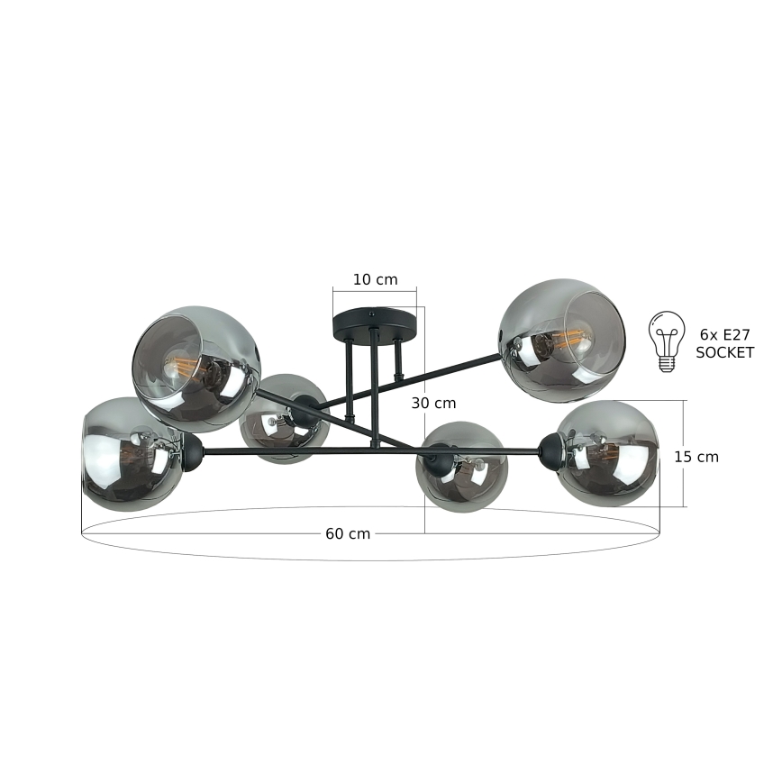 Sietynas ant stulpo VASCO 6xE27/60W/230V juoda/dūminis juoda
