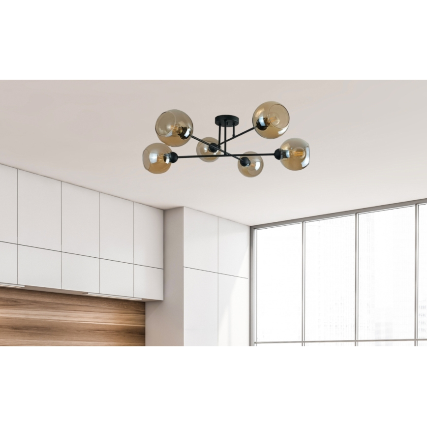 Sietynas ant stulpo VASCO 6xE27/60W/230V juoda/dūminis smėlio spalva