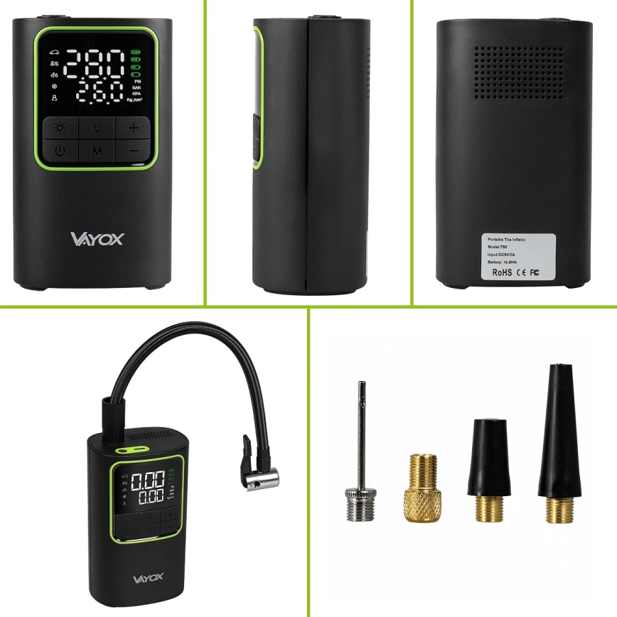 Skaitmeninis kišeninis kompresorius 5 V, 4000 mAh, juodas